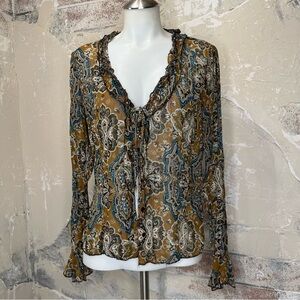 Y2K L chiffon V neck tie front top long sleeve ruffles sequins tan blue fairy